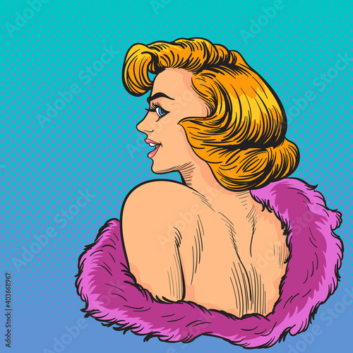 Elegance pop art woman wow face look back