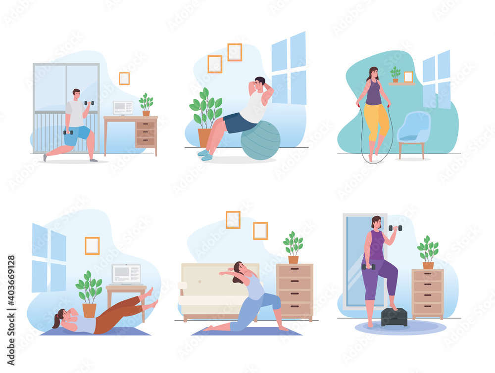 People doing exercise at home icon collection design, Sport and bodybuilding theme Vector illustration