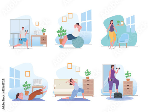 People doing exercise at home icon collection design, Sport and bodybuilding theme Vector illustration