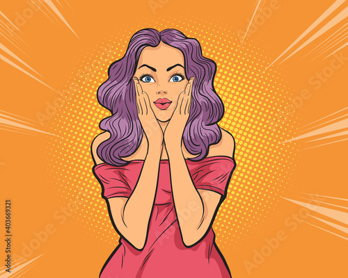 Woman surprise holds cheeks by hand