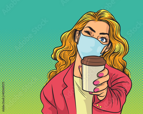 woman present hot drink with mask