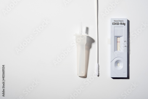 Negative covid test. Covid-19 has not been found. COVID-19 Ag Test set on white background
