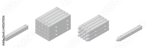 Vector illustration stack of concrete piles isolated on a white background. Set of cement piles isometric icons. Building materials storage in flat style. Precast ferroconcrete piles for construction.
