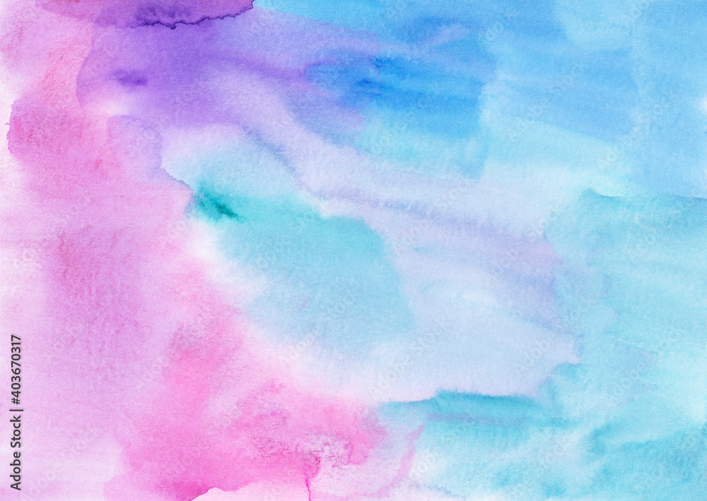 Watercolor light pink, blue, purple background painting texture. Multicolored pastel watercolour soft backdrop. Stains on paper.