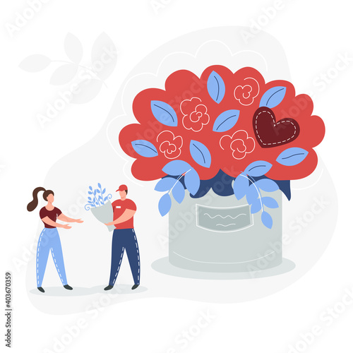 Flower delivery service. The courier gives a bouquet to a woman. Tiny people, giant flowers in a box. Vector flat illustration.