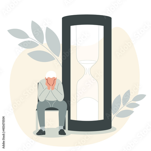 A tiny elderly man sits on a chair next to a giant hourglass. Ageing problems. Flat vector illustration.