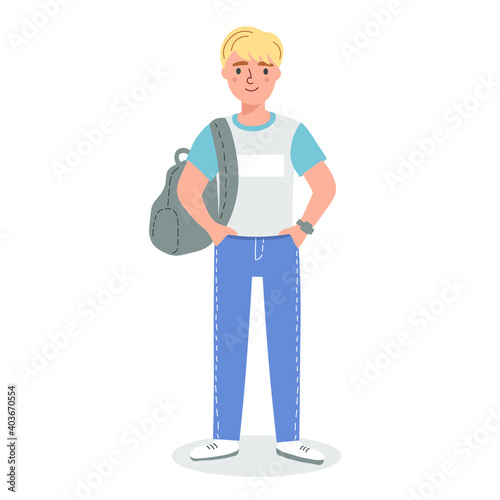 a schoolboy or student with a backpack on his shoulder. Flat vector illustration on a white background.
