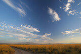Camino atravesando una llanura cubierta de esparto y cielo con algunas nubes medias (altocúmulos) al atardecer. Cieza (Murcia).