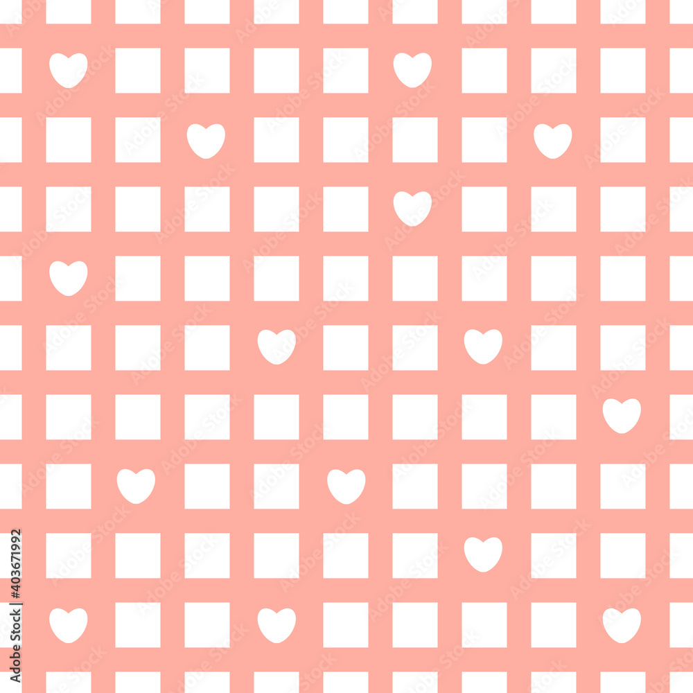 Abstract simple Pink and white seamless pattern. Squares, shapes, lines, hearts for Valentines Day Abstract simple Pink and white seamless pattern. Squares, shapes, lines, hearts for Valentines Day