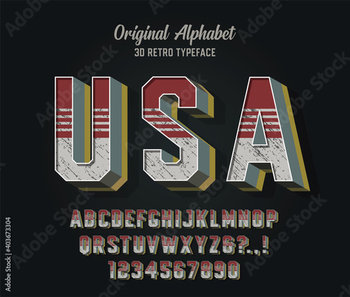 "USA". Vintage Sans Serif 3D Font. Retro Typeface. Vector Illustration.