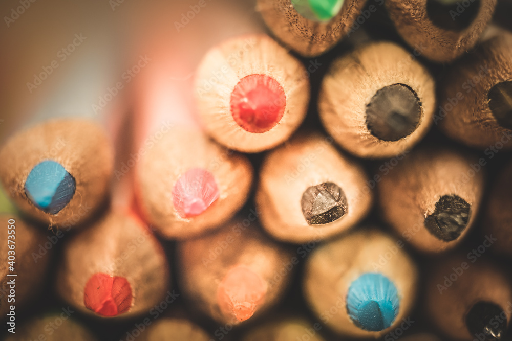 Closeup of the ends of coloured drawing pencils. Closeup of the ends of coloured drawing pencils.
