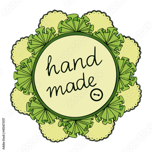 Hand drawn cute round frame with textile ruffles, lace, handwritten inscription 