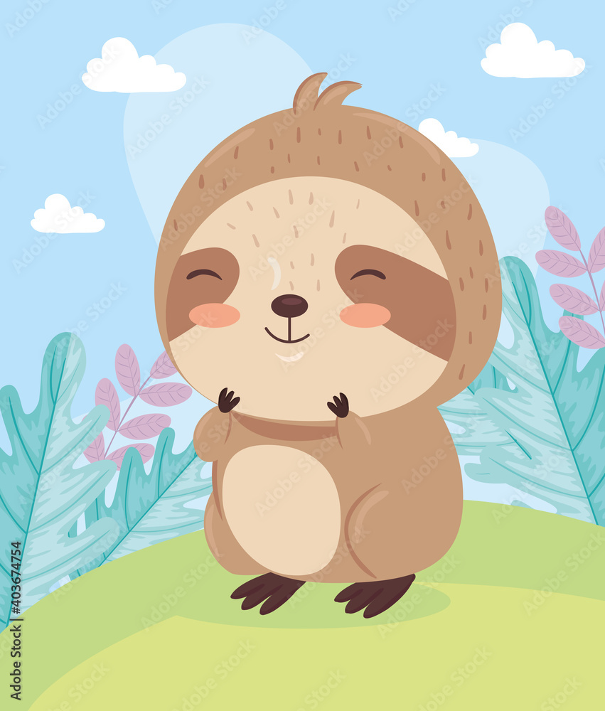 Fototapeta premium Kawaii sloth bear animal cartoon on landscape design, Cute character and nature theme Vector illustration