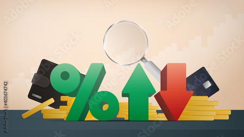 Percentage with up and down arrows, gold coins, bank card, magnifier. Stock market investment trading concept. Vector illustration.