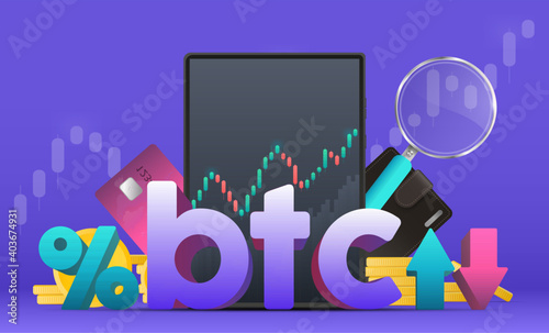 Trading on the bitcoin exchange. Percentage with up and down arrows. Wallet, bank card, graph, magnifier, tablet. Vector.