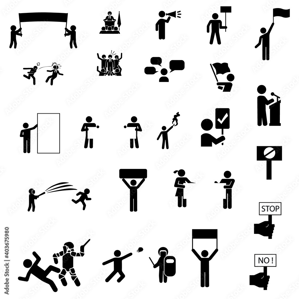 A rally of a political candidate during the presidential election campaign. Rebellions and rallies vector solid icons set A rally of a political candidate during the presidential election campaign. Rebellions and rallies vector solid icons set