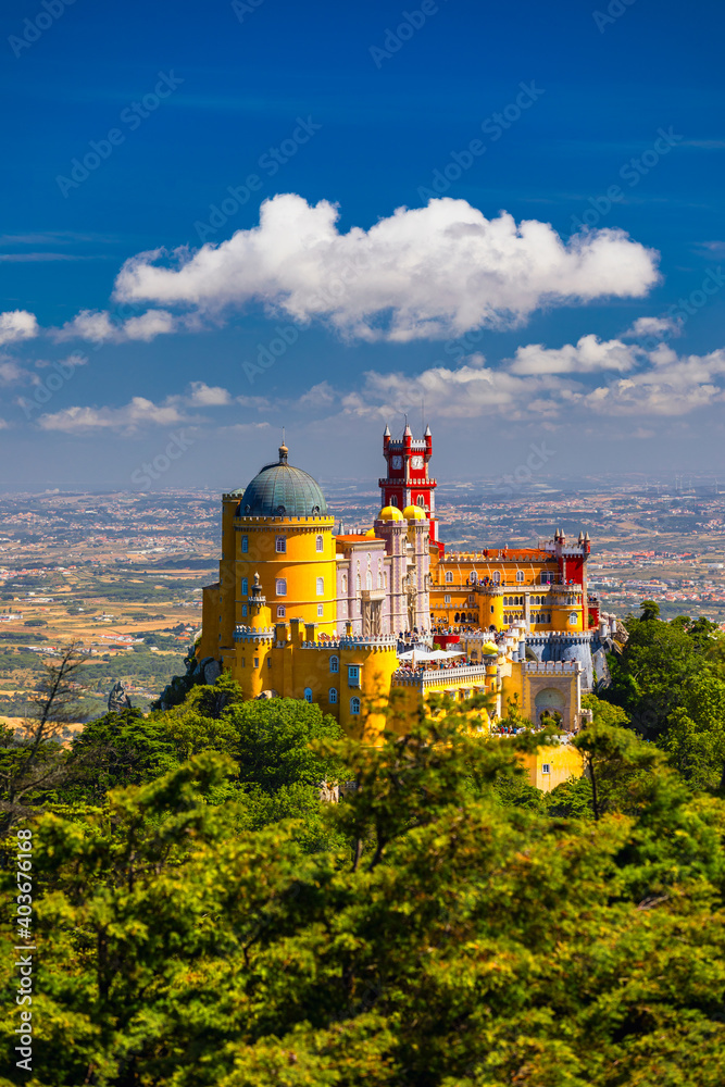 Palace of Pena in Sintra. Lisbon, Portugal. Travel Europe, holidays in Portugal. Panoramic View Of Pena Palace, Sintra, Portugal. Pena National Palace, Sintra, Portugal. - obrazy, fototapety, plakaty 