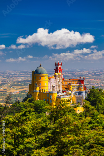 Palace of Pena in Sintra. Lisbon, Portugal. Travel Europe, holidays in Portugal. Panoramic View Of Pena Palace, Sintra, Portugal. Pena National Palace, Sintra, Portugal. photo