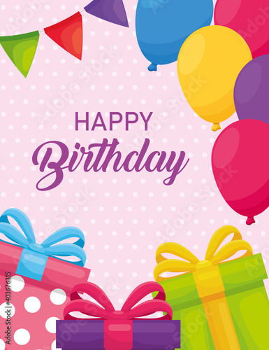Happy birthday gifts balloons and banner pennant design, Celebration surprise and party theme Vector illustration