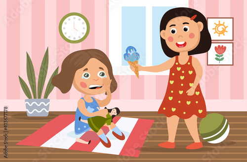 Little girl in a bad mood breaking her doll as her sister or mother tries to placate her by offering an ice cream, cartoon colored vector illustration