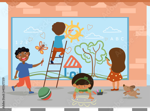 Group of diverse multiraical children doing a street mural drawing a summer landscape on a building wall, cartoon colored vector illustration