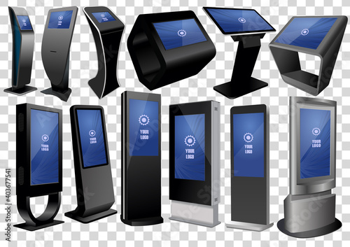 Set of Promotional Interactive Information Kiosks, Advertising Displays, Terminal Stands, Touch Screen Displays isolated on transparent background. Mock Up Template