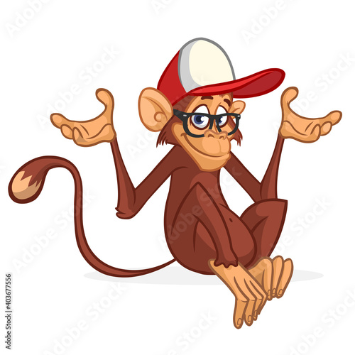 Funny cartoon monkey chimpanzee.  Isolated on white. Vector illustration