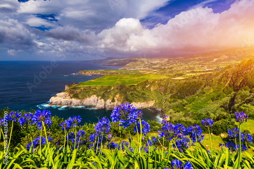 Beautiful coastal view of Miradouro de Santa Iria, Porto Formoso, Ribeira Grande, Sao Miguel, Azores, Portugal. Panorama to coastline of Sao Miguel island from Santa Iria viewpoint. Azores. Portugal photo