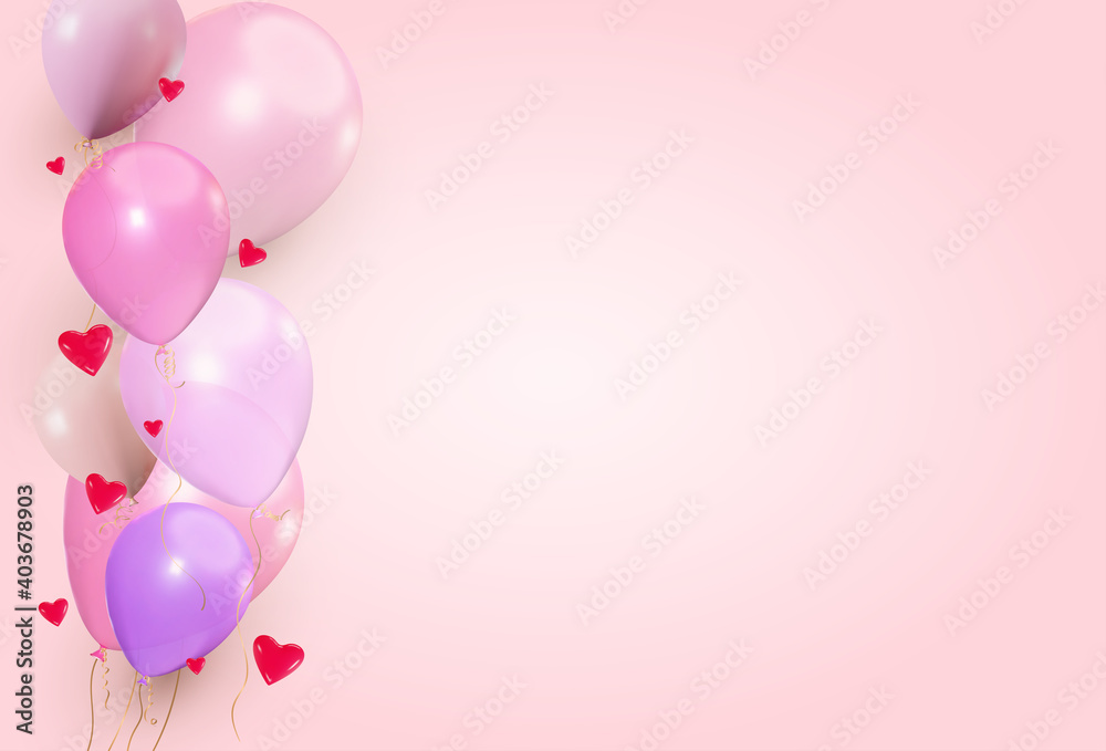 Colorful balloons pink with red hearts background celebration. Vector illustration isolated on white background
