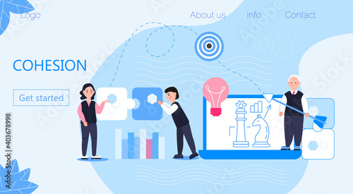 Cohesion of businessmen around same idea, solidarity in teamwork for achievement of best result. Tiny people assemble a puzzle. Metaphor of business target. Human resource vector concept
