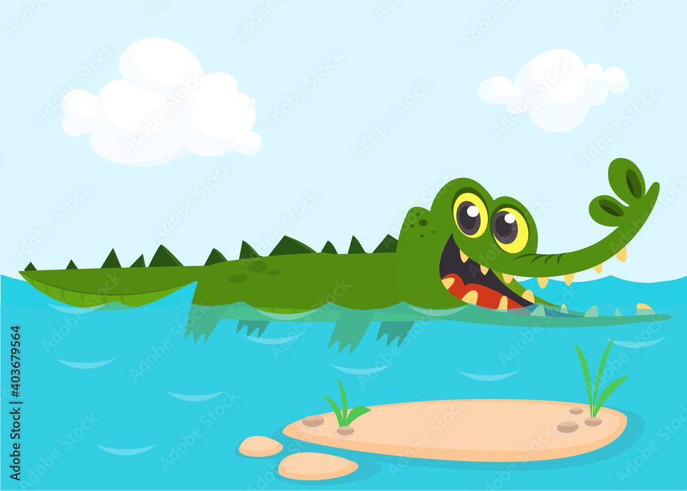 Obraz premium Funny green crocodile cartoon swimming. Vector illustration isolated