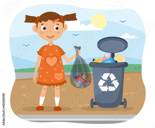 Young girl disposing of a bag of garbage placing it in a wheelie bin for recycling, colored cartoon vector illustration