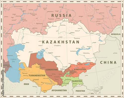 Central Asia Political Map Retro Colors