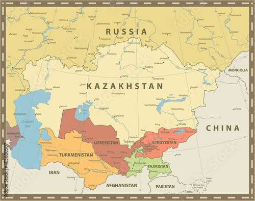 Central Asia Political Map Vintage Color