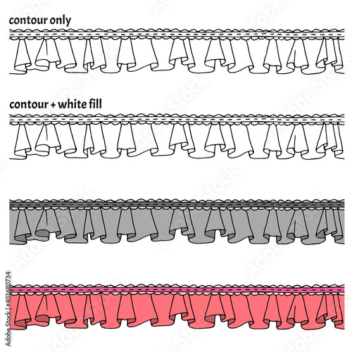 Set of hand drawn seamless border with frills, ribbon and lace in four versions. Decorative isolated endless vector illustration	