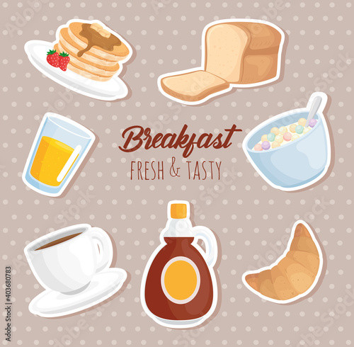 Breakfast stickers icon set design, food fresh tasty and meal theme Vector illustration