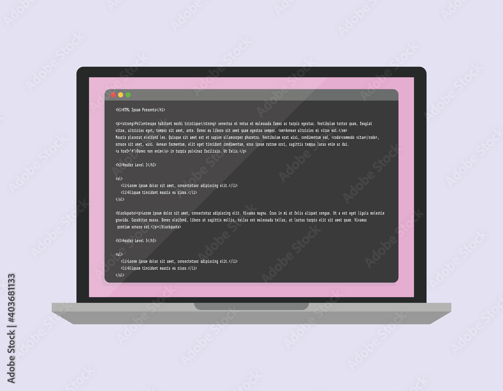 Laptop macbook scherm computer met tabbladen op het scherm en code codering techniek frontend development tech website roze achtergrond