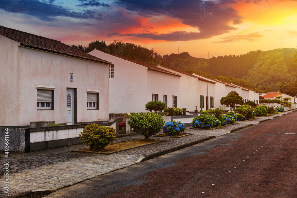 Traditional houses, Sete Cidades, Sao Miguel Island, Azores. Beautiful view of Sete Cidades village in Sao Miguel Island, Azores, Portugal.