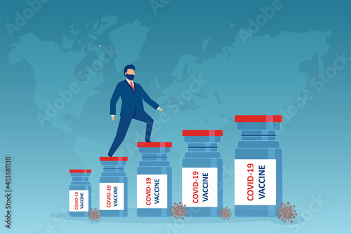 Vector of a business man climbing up economic recovery due to coronavirus vaccination worldwide
