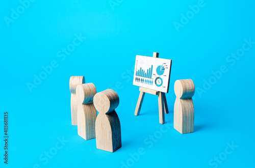 Figures speaker gives a presentation on work results and summing up results to colleagues on infographics easel. Statistics and data. Business development. Economic forecasting. Marketing strategy