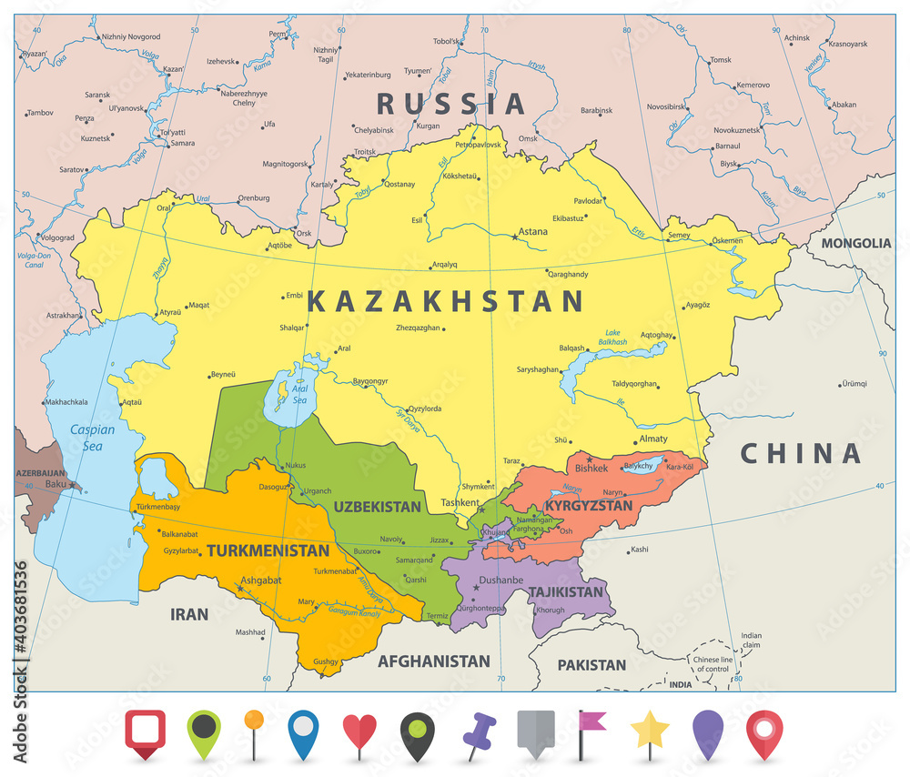 Central Asia Political Map and flat map icons