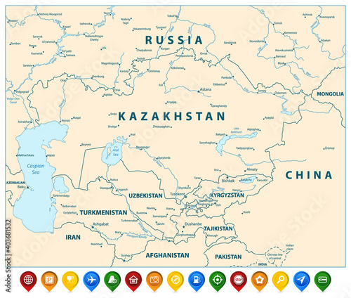 Central Asia Political Map and Colorful Map Pointers