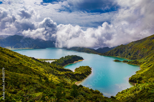 Beautiful panoramic view of Lagoa do Fogo lake in Sao Miguel Island, Azores, Portugal. "Lagoa do Fogo" in São Miguel Island, Azores. Panoramic image of Lagoa do Fogo, Sao Miguel, Azores, Portugal.