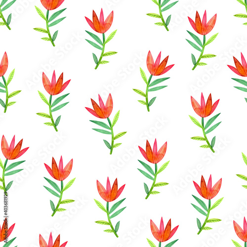 Seamless pattern with stylized watercolor flowers on a white background.