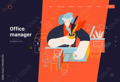 Business topics - office management, web header. Flat style modern outlined vector concept illustration. A woman, office manager, arranging office furniture, plants and computers. Business metaphor.