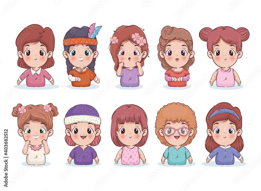 Girls cartoons icon collection design, Kid childhood little and people theme Vector illustration Girls cartoons icon collection design, Kid childhood little and people theme Vector illustration