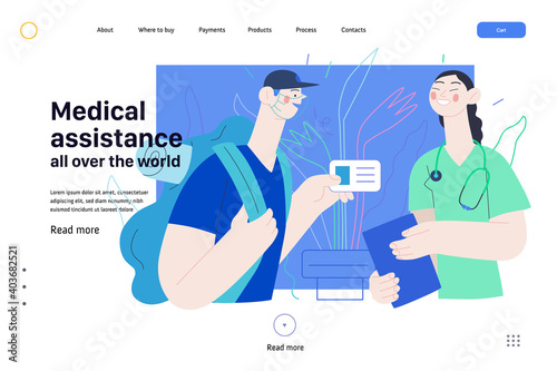 Medical insurance web page template -medical assistance all over the world -modern flat vector concept digital illustration -traveller applying to local clinic for medical help, part of insurance plan