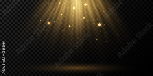 Sun light effect on a transparent background. Golden rays with flying dust and glowing particles. Soft golden sunbeams with glare. Podium light. Bright flash. Vector illustration