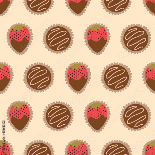 Chocolate Box Pattern Creme. Seamless vector pattern of chocolate truffles and chocolate dipped strawberries for Valentine's day.