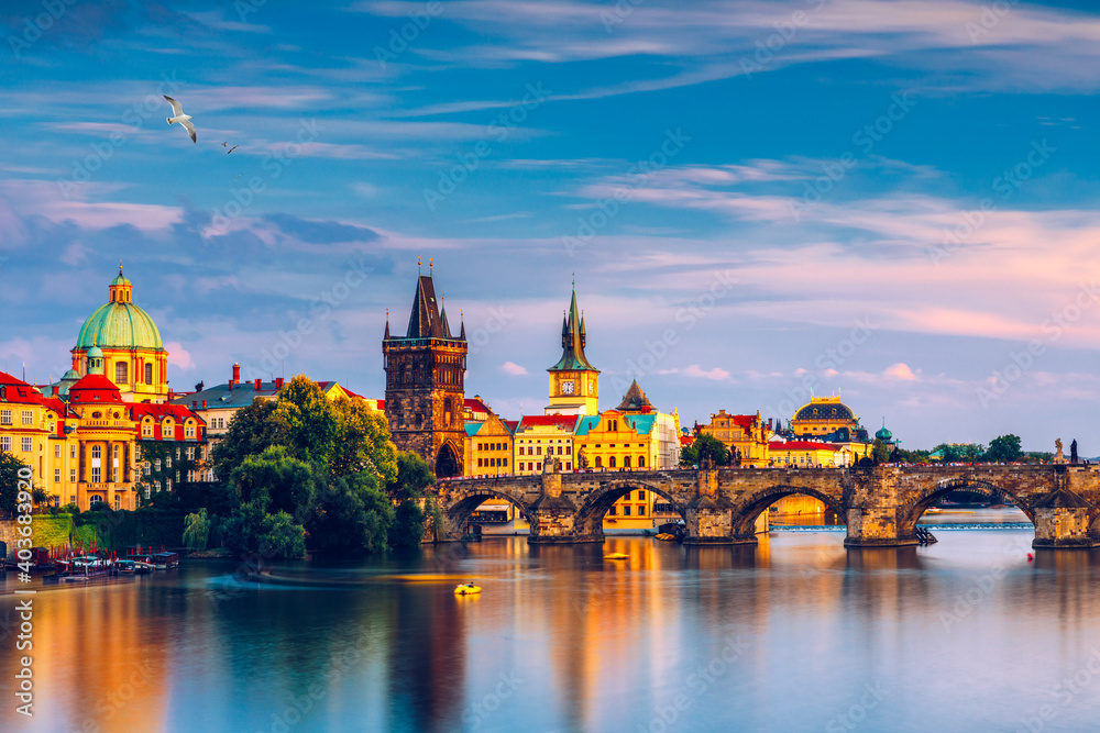 Fototapeta premium Charles Bridge in Prague in Czechia. Prague, Czech Republic. Charles Bridge (Karluv Most) and Old Town Tower. Vltava River and Charles Bridge. Concept of world travel, sightseeing and tourism.